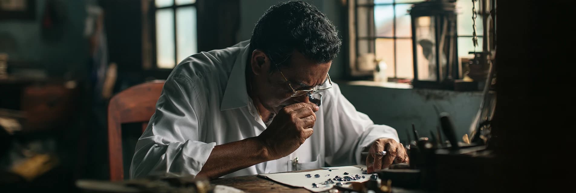 A dealer examining a stone through a loupe at his bench