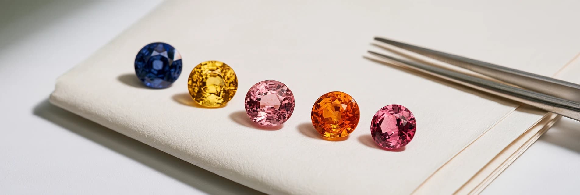 Cut stones laid out on parcel paper beside tweezers
